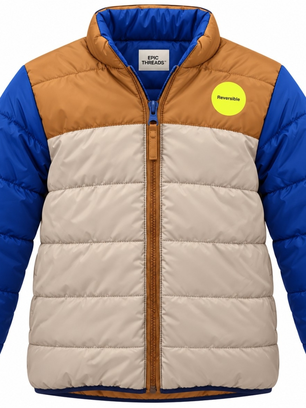 Epic Threads Boys Reversible Puffer Jacket Colorblock Blue Tan Cream NWT Size 4t